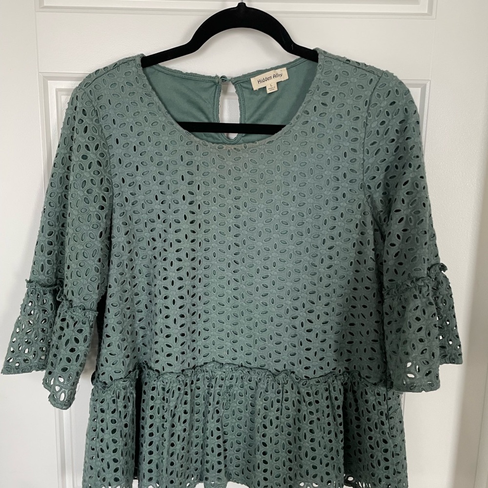 Green Bell Sleeve Peplum Blouse